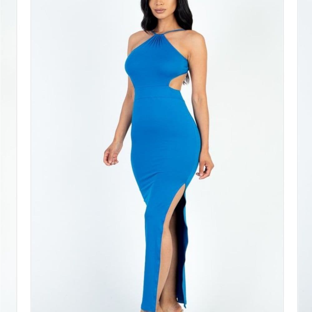 Black Open Tie Back Stretchy Body Con Slit Thigh with Cut Out Design Maxi Dress