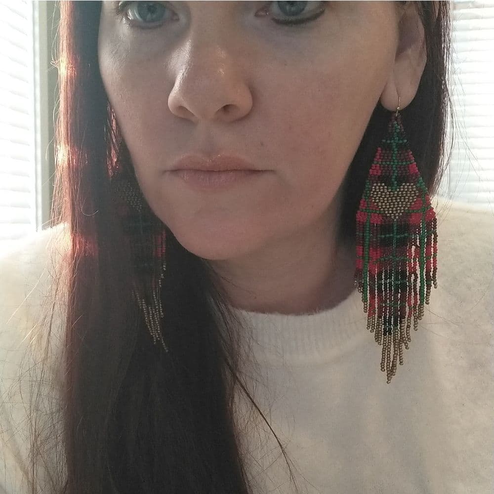 Festive Plaid Gold Heart Oversized Seed Bead Fringed Earrings