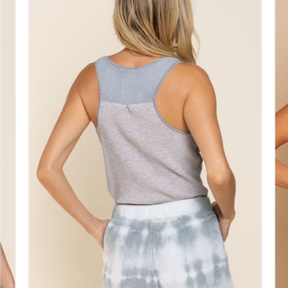 POL Charcoal Black Button Up Ribbed Knot Tank