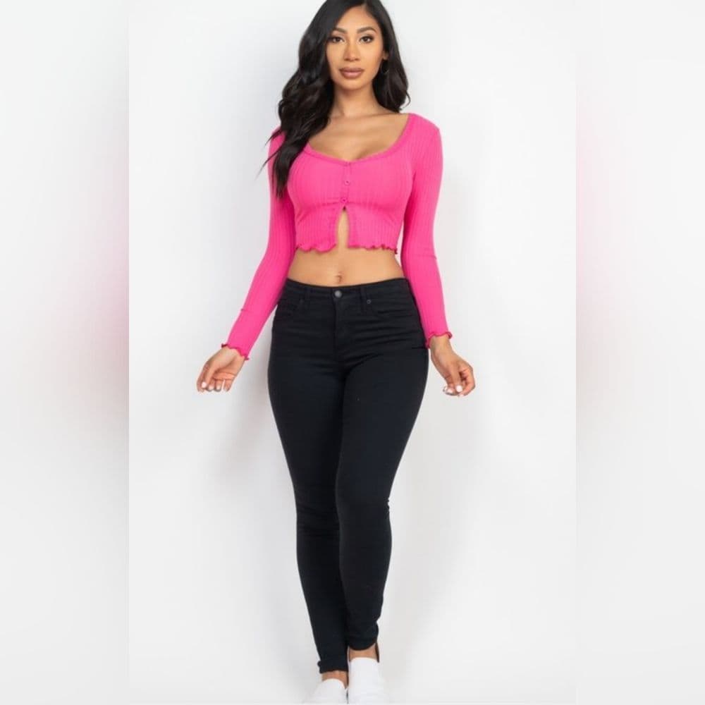 Berry Pink Ribbed Long Sleeve Soft Stretchy Crop Top