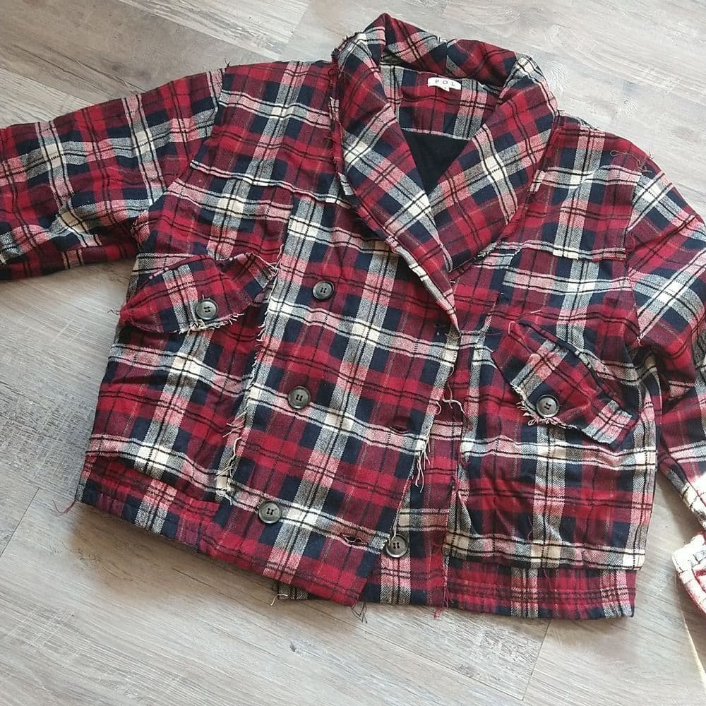 Red and Black Plaid Oversized Fit Frayed Quilted POL Jacket