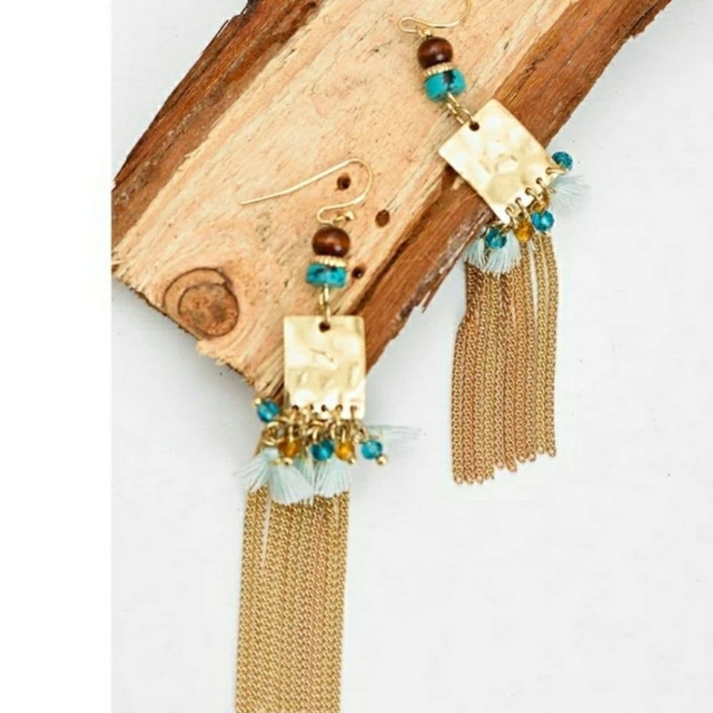 Artisan Crafted 14K Gold Chain Fringe and Howlite Dangle Earrings