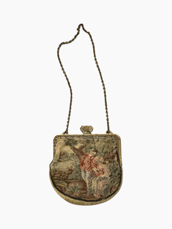 Antique 1920s Tapestry French Petit Point Evening Bag Featuring an Ornate Clasp and 7" Chain Strap