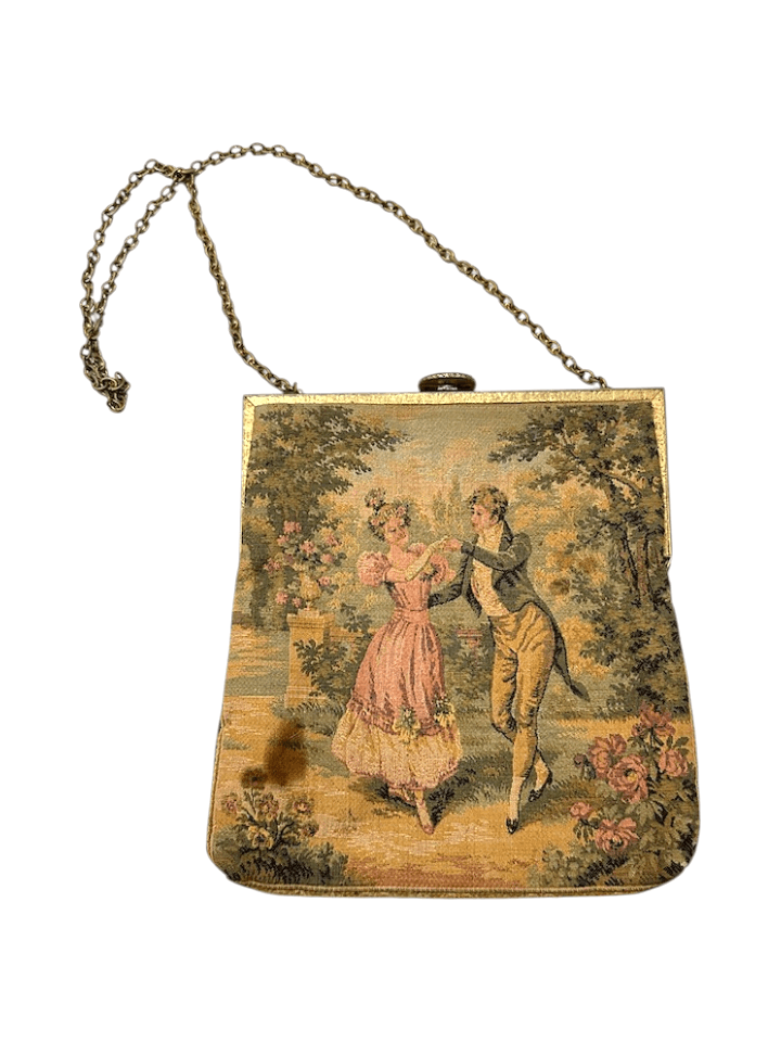 Antique Petit Point 1920s Tapestry Evening Bag Featuring a Charming Pastoral Scene