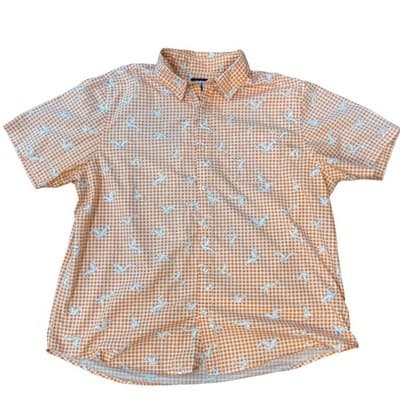 Lands End Mens XL Orange Gingham Seagull Print Short Sleeve Button Down Shirt