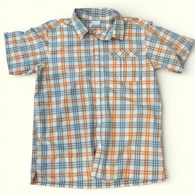 Columbia Mens Large Short Sleeve Plaid Button Down Shirt Orange Blue White