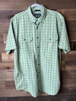 Carhartt Men's L Tall Large Tall Loose Fit Plaid Short Sleeve Shirt Green