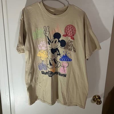 Walt Disney World Mickey Mouse Peace Sign T-Shirt Tan Cotton XL