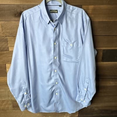 Orvis Men's L Blue Herringbone Button Down Long Sleeve Shirt Wrinkle Free Cotton