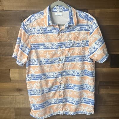 Columbia PFG Men's XS Short Sleeve Fishing Shirt Blue Orange Tropical Leaf Print