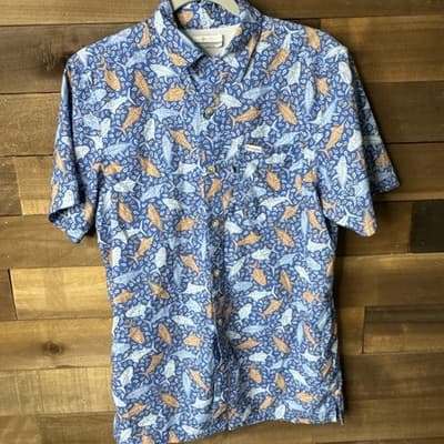 Columbia PFG Men's XS Short Sleeve Fishing Shirt Blue Orange Tribal Fish Print