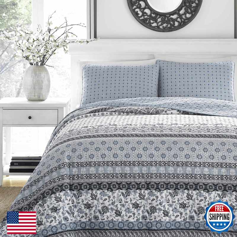 Stone Cottage - King Quilt Set Reversible Cotton Bedding Matching Shams Block