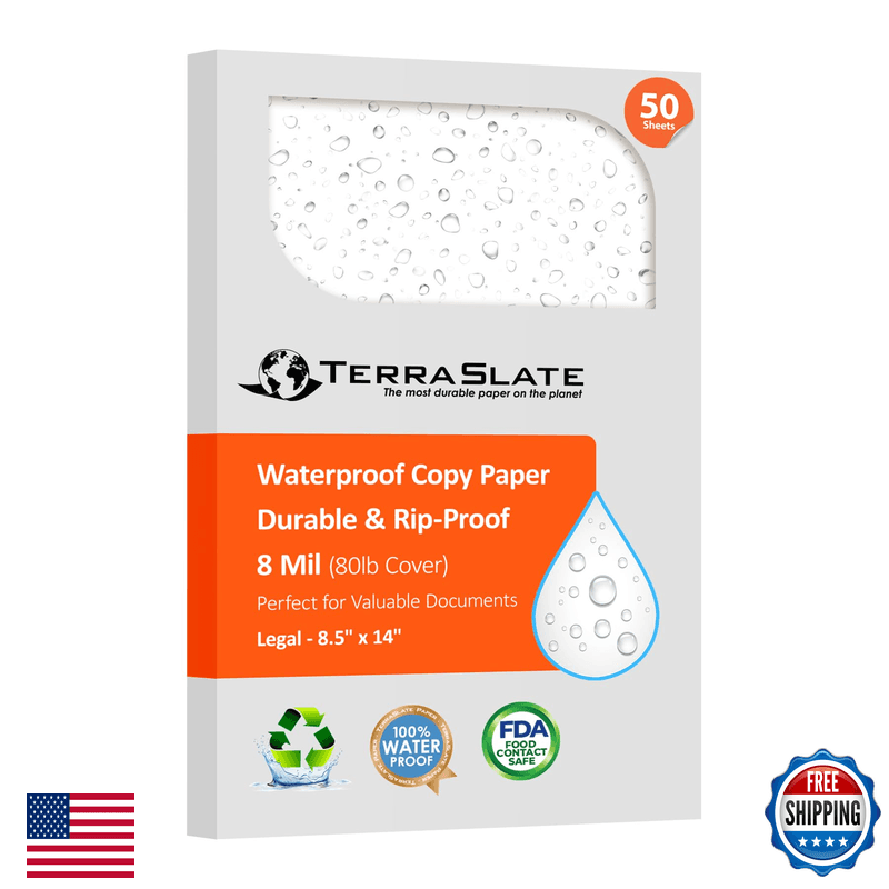 Terraslate Waterproof Laser Printer Paper 8 Mil 8.5X14 50 Sheets White Tear