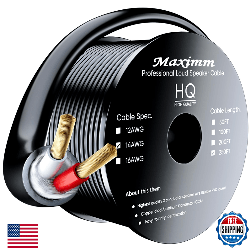 Maximm In Wall Speaker Wire - 250 Feet Black - 14Awg Cl3 Rated 2-Conductor Wire