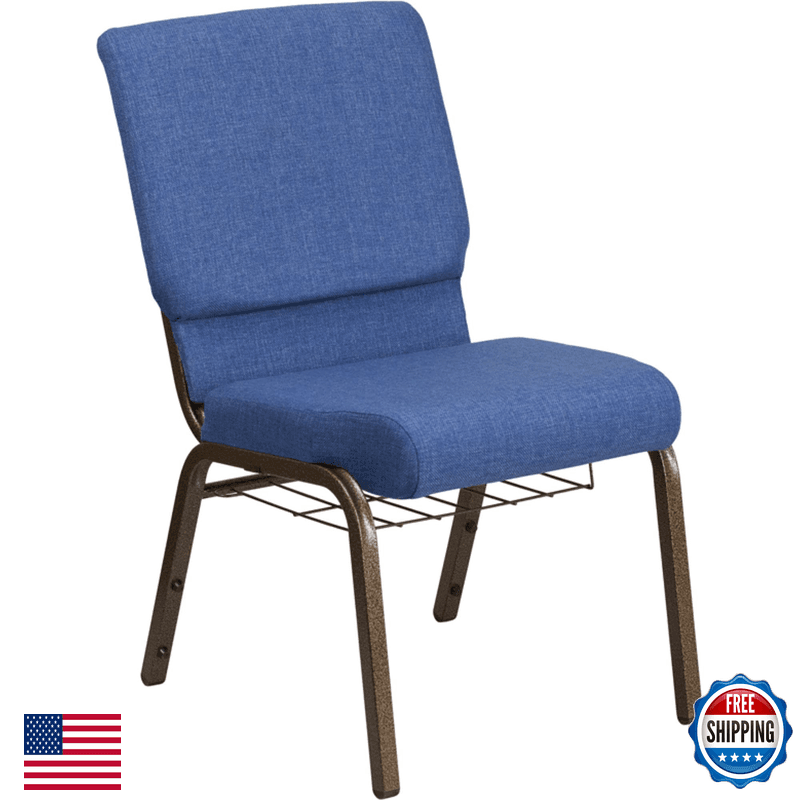 Flash Furniture Hercules Series 18.5W Church Chair In Blue Fabric Cup Book Rack