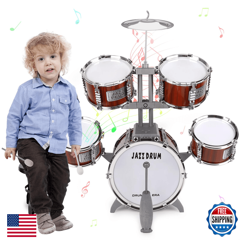 Twfric Toy Drum Set For Kids Ages 3-5 Toddler Jazz Drum Kit 5 Drums Musical