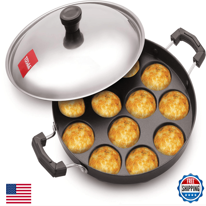 Tosaa 12 Cavity Appam Patra Side Handle Lid 23 Cm Black