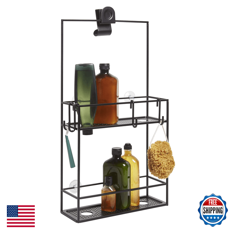 Umbra Cubiko Metal Shower Caddy Hangs Over The Shower Head Black