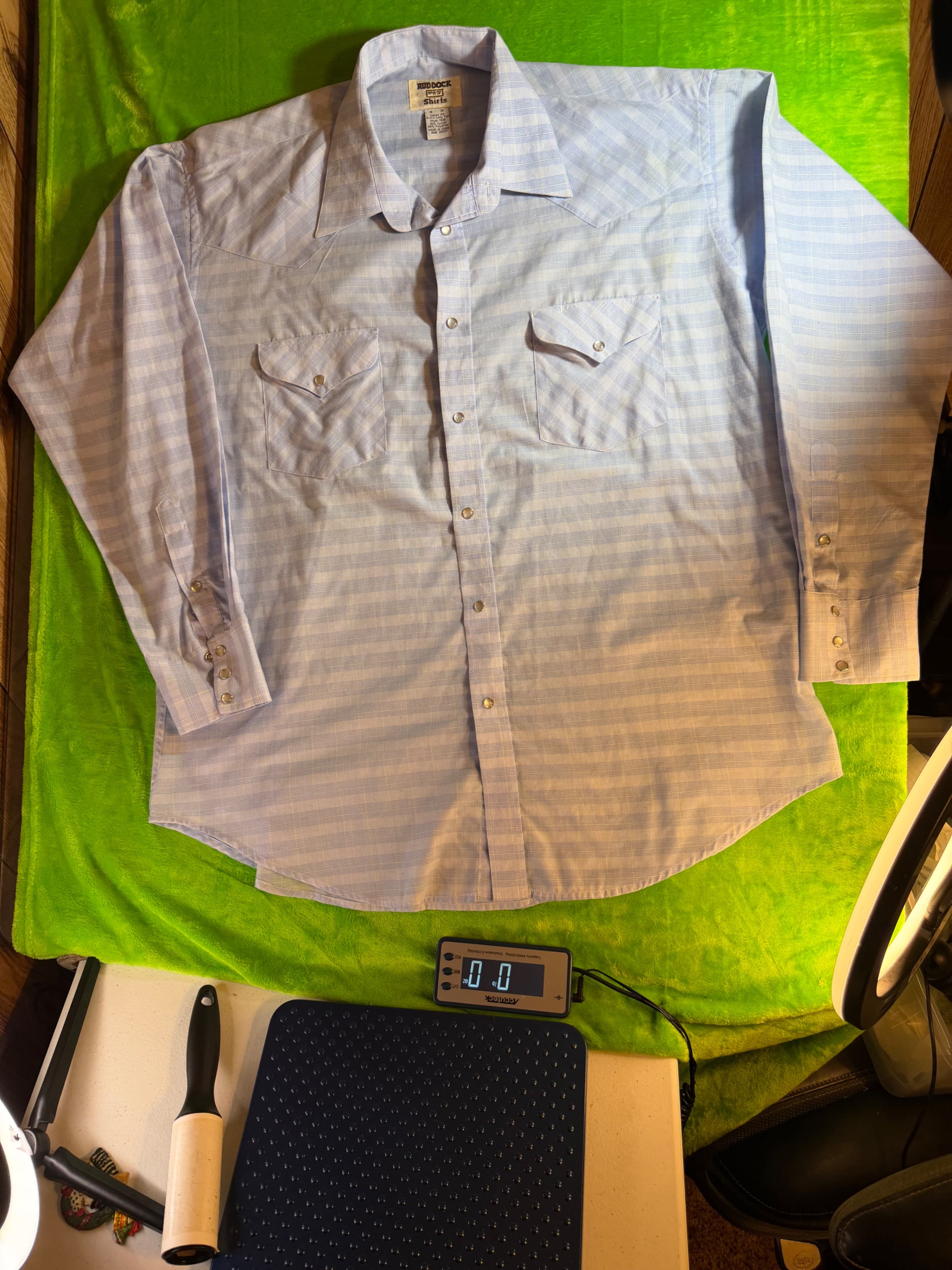 Vintage Wrangler Western Shirt Size 18/35 Blue Plaid Long Sleeve Pearl Snap