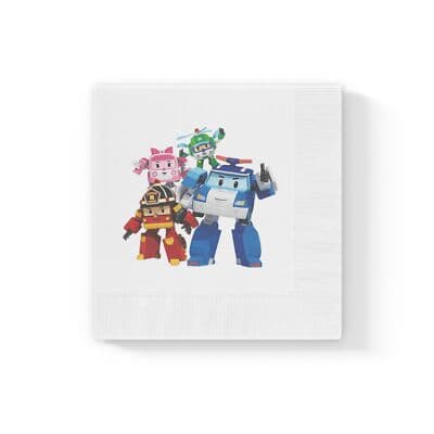 Robocar Poli Party Supplies, Disposable Beverage Napkins, White Coined