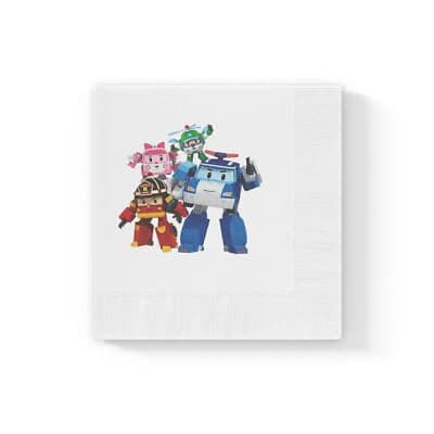 Robocar Poli Party Supplies, Disposable Beverage Napkins, White Coined