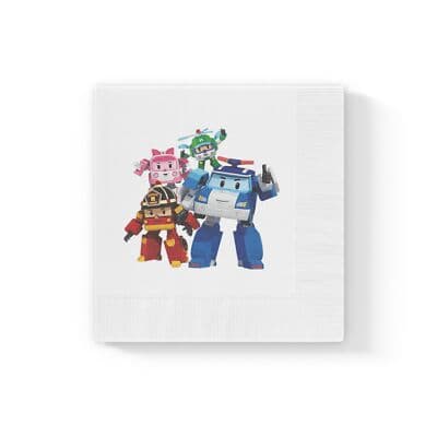 Robocar Poli Party Supplies, Disposable Beverage Napkins, White Coined