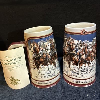 2 Vintage 1989 Budweiser Holiday Beer Stein Mug Clydesdale Collectors Series
