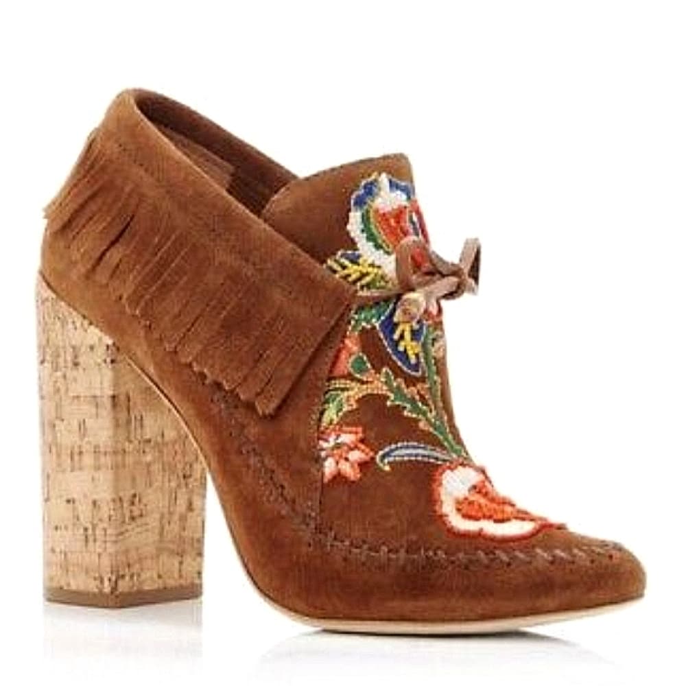 Tory Burch Huntington Fringe Embroidered Brown Suede Women's Shoes Booties