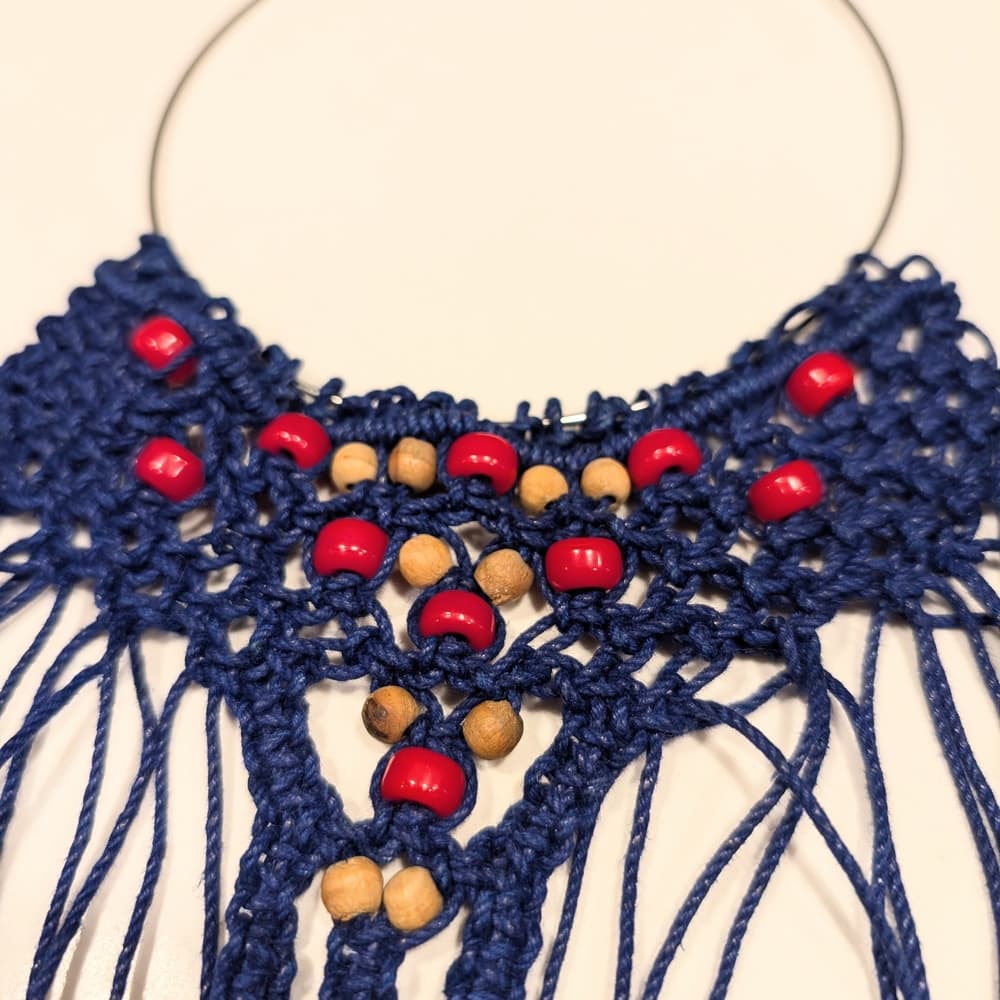 Vintage Boho Navy Crochet Handmade Fringe Tan Red Beaded Necklace Festival