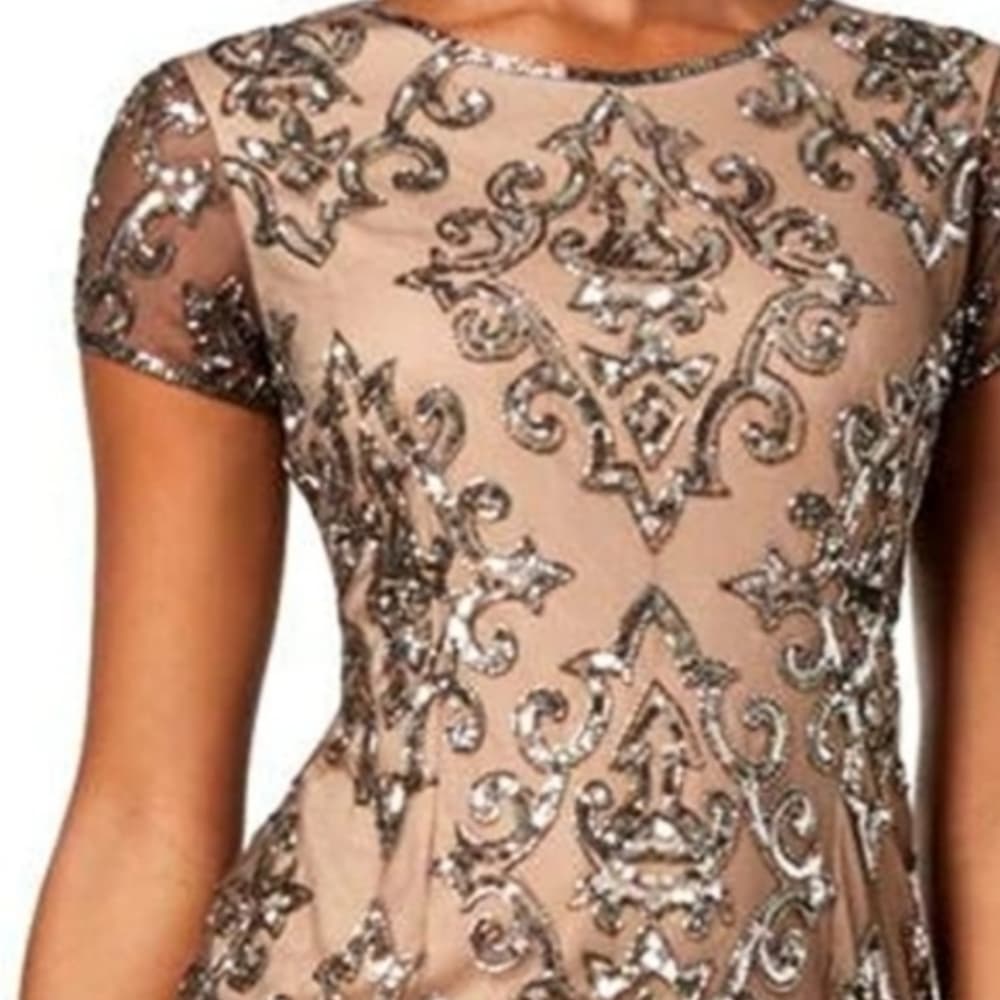 Adrianna Papell Taupe Mesh Midi Silver Sequin Embellishment Dress Size 4