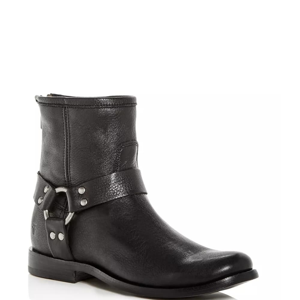 Frye Black Leather Harness Ankle Boots