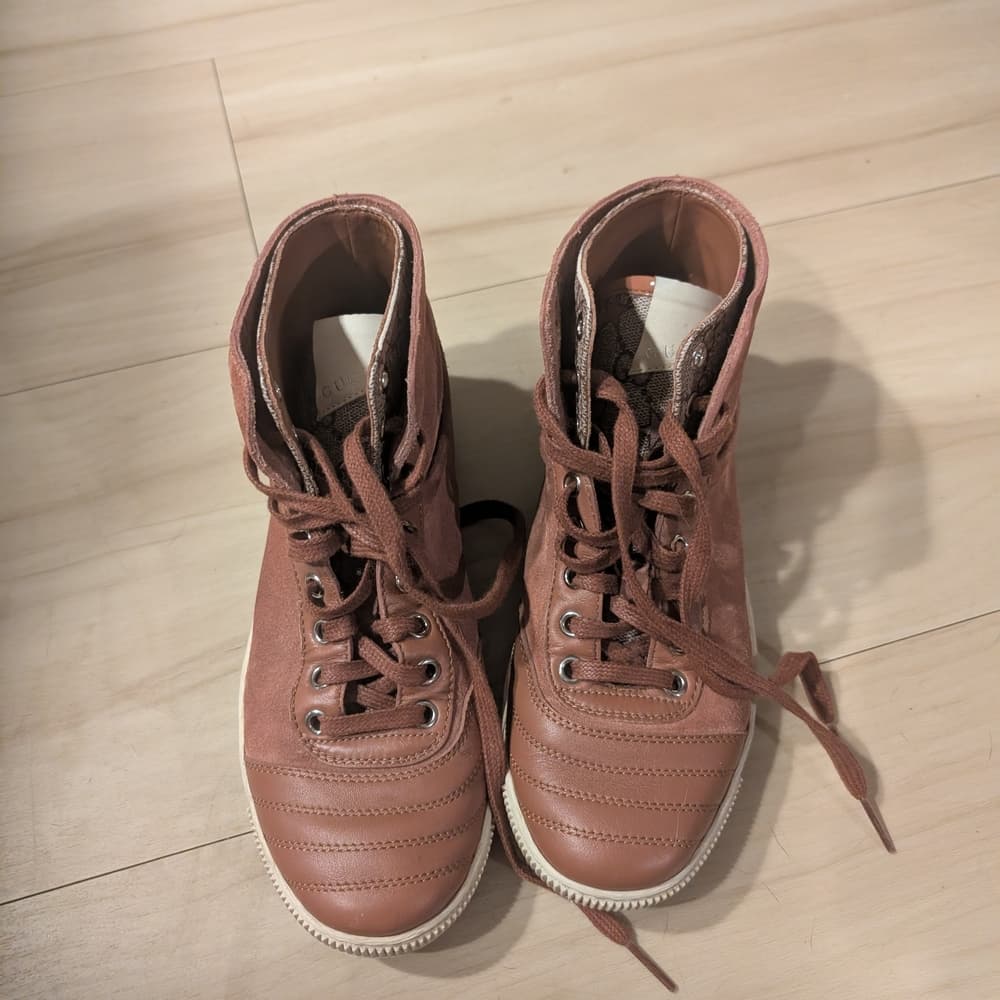 Gucci Logo Leather Suede Lace-Up High-Top Sneakers Mauve Brown Size 6
