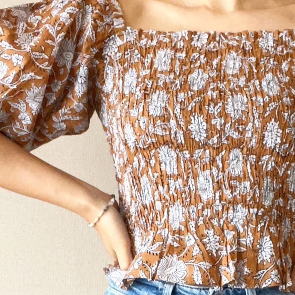 Daughters of India Tan Floral Smocked Puff-Sleeve Top