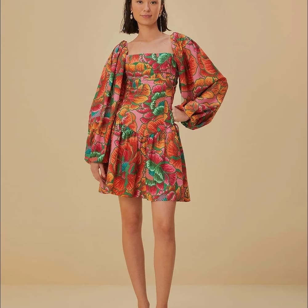 Farm Rio Pink Spring Lenzing Boho Festival Floral Mini Dress Size Small