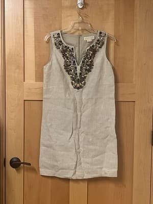 Michael Michael Kors Sz. 6 Beige Linen Beaded Knee Length Dress Sleeveless Lined