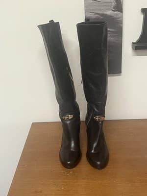 Michael Kors Women's Arley Black Leather Gold Tone Knee High Boot w. Heels 9M