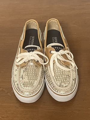 Sperry Top - Sider Gold Sequin Tan Boat Deck Shoes Womens Size 5M