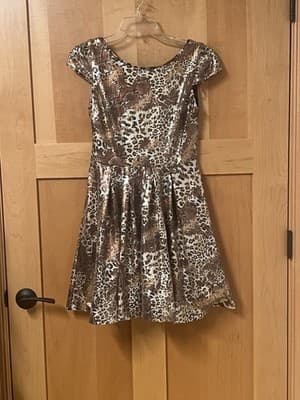 Betsey Johnson Brown Bronze Metallic Sequined Fit Flare Leopard Cheetah Dress 6
