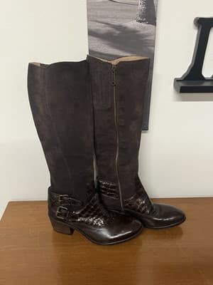 Donald J Pliner Dulce Riding Boots Size 6 Croc Embossed Dark Brown Chestnut Boho