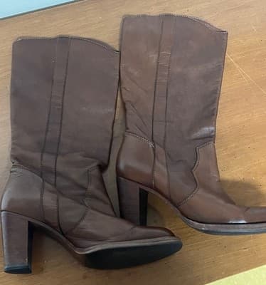 Michael Kors Riding Boots Sz 7.5 Brown Leather Mid-Caf Made in Brazil Block Heel