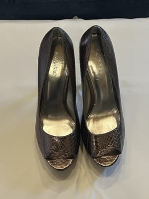 Calvin Klein Lux Snake Peep Toe Pump Stiletto Patent Bronze 6.5M