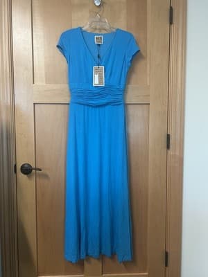 NUE by Shani Dress Womens Size 4 Peacock Blue V-Neck Ruched Empire Cap Sleeves