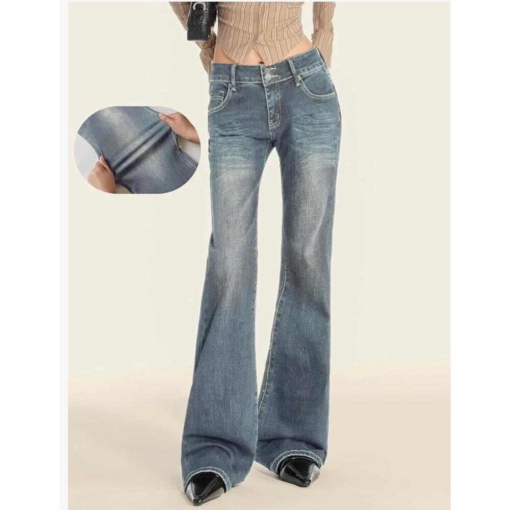EMMIOL Mid-High Rise Flare Jeans Women, Stretchy Bootcut Retro Blue XS