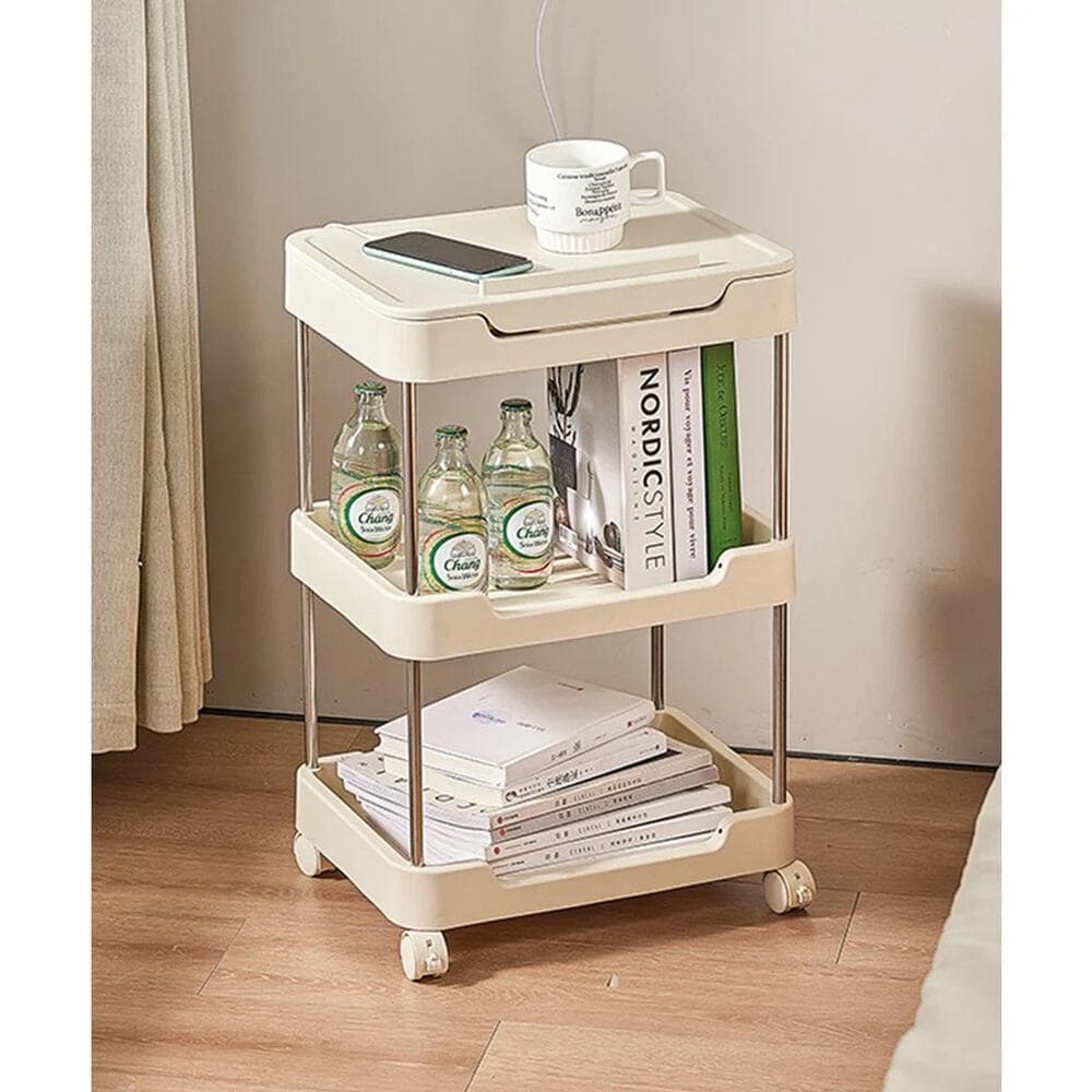 3-tier rolling utility cart with a top handle and drawer feature.