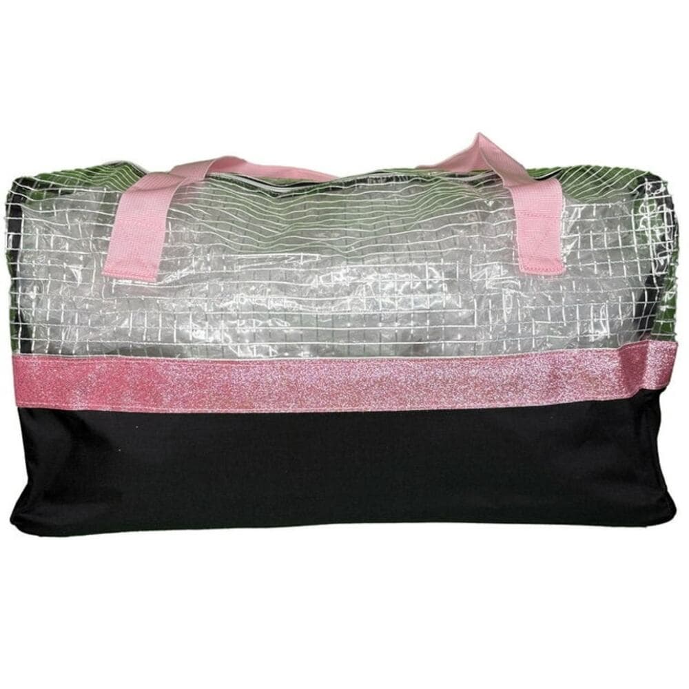Duffle Bag 300D Poly w/hangtag- Top Pink, Bottom Blk, strip & handles pink