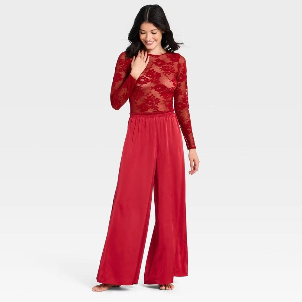 Women's Lace Long Sleeve Lingerie Bodysuit Avidlove Size Medium Red