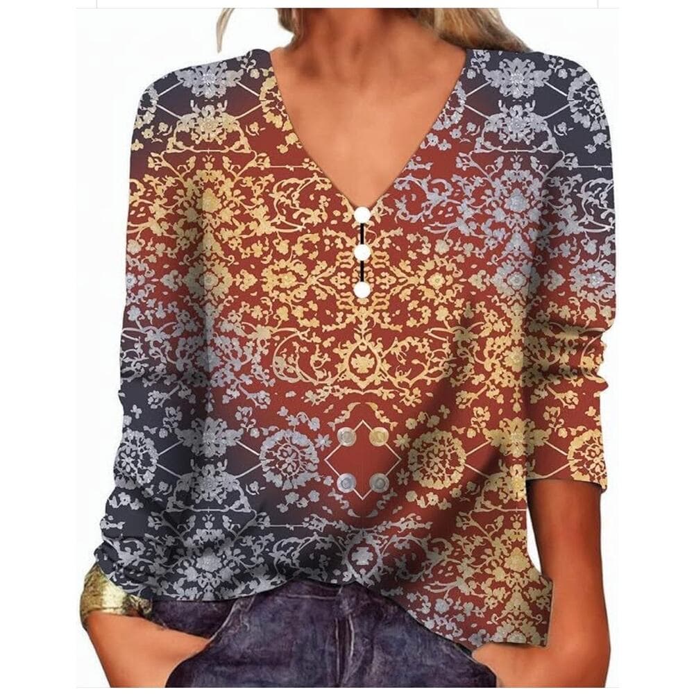 long-sleeve V-neck blouse with a bohemian floral pattern Size L