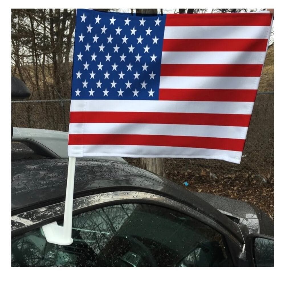 U.S. Flag Car Flag .Set Of 2 Hooks Onto Car Window .Made In The Korea 12”X8”