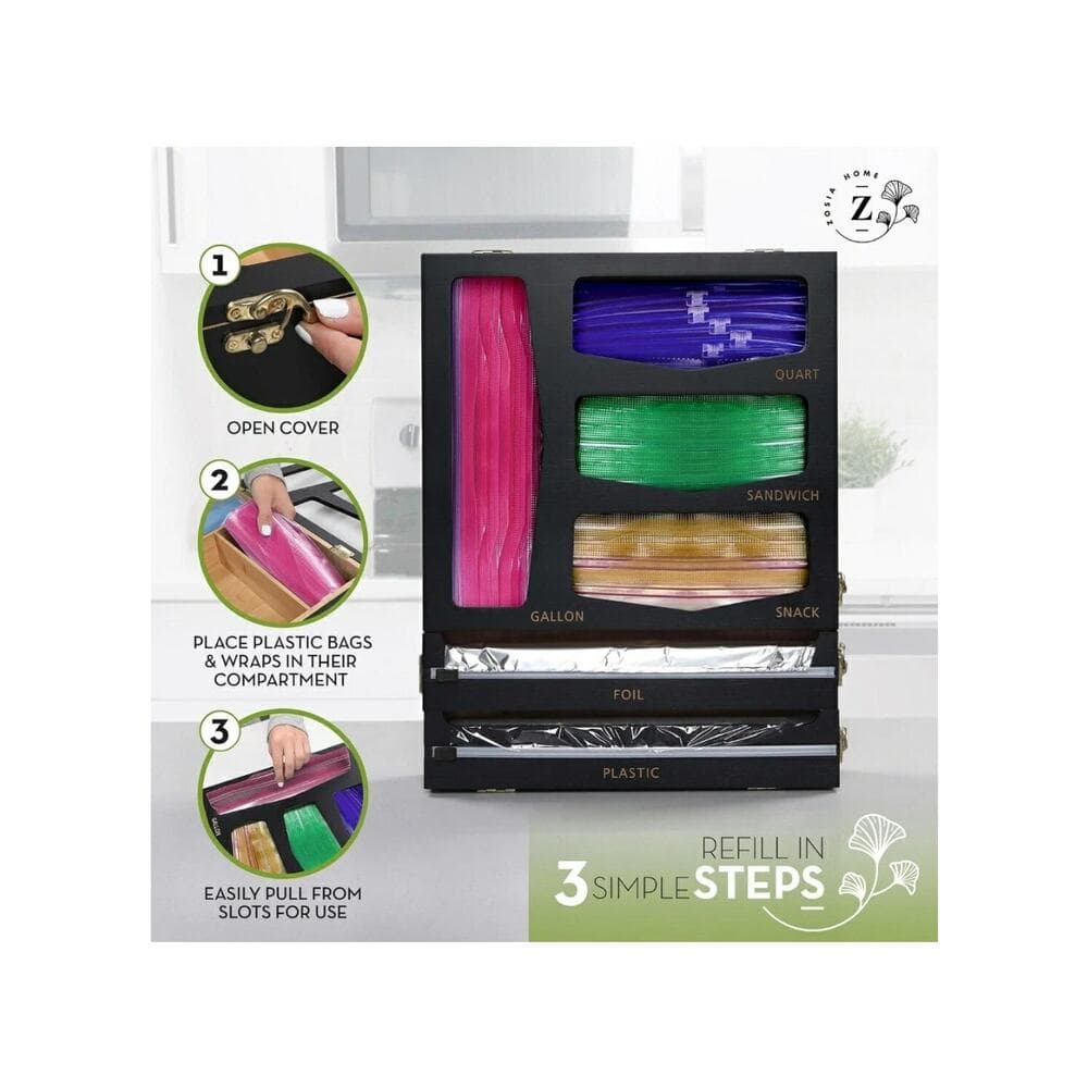 Zosia Home 6-in-1 Bamboo Grip Seal Bag Organizer with Dispenser - Baggie Organiz