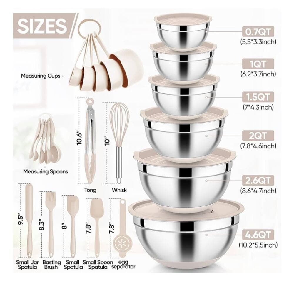 E-far 25PCS for Cooking, Serving, Food Storage, 4.6/2.6/2/1.5/1/0.7QT - Khaki